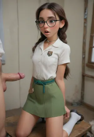 Beautiful girl with glasses stroking a big dick, cute innocent face, 19 yo, very skinny, very very petite. Long hair with Blue hairpiece, ((Brown hair in braids)), ((A traditional American GirlScout uniform with a short-sleeved white blouse paired with a green skirt. Over the blouse, she wears a cross-chest green sash. The cross-chest sash is decorated with a variety of badges and patches. A neckerchief is worn around the collar, secured with a small slide or knot, and white socks and simple shoes complete the look.)), White blouse is fully open to reveal her cute little perky tits, drooling, she looks at the camera, focus on her, face orgasm, sucking, Object, gd, erection, sex, toy, penis, large, <lora:cockteaseLoRASDXL:.5>, <lora:ahxl_v1:.5>, <lora:Penis_XL:.6>, <lora:ChrisSanderNov2023:.2>, <lora:Samaritan 3d Cartoon SDXL:.3>