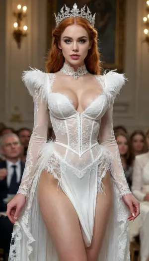 woman, full body raw photo, 32g breast, Victorian fashion show, (beautiful Lady at fashion podium), ginger hair, intricate ginger hair style with feather ornament, symmetrical features, fantastic, whimsical, white intricate lace victorian silk and lace fashion dress, evermore fashion, elie Saab, iris van herpen, opulent fashion show with Spectators background, high details on face, karol bak, luis royo, Victo Ngai, Vibrant, Wlop, Kuvshinov, Character Design, TXAA, 32k, Highly Detailed, Dynamic Pose, Intricate Motifs, Organic Tracery, Perfect Composition, Digital Painting, Artstation, Smooth, Sharp Focus, Illustration, hyperdetailed, greg rutkowski, Laura sava, realistic, Hyperrealism, bmbplora, <lora:bimboxl_02:.5>