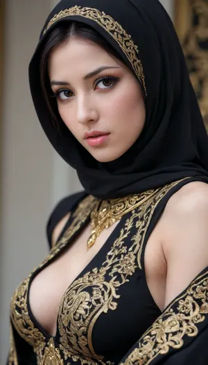 Tifa lock hart, traditional Islamic outfit, adorned with a black hijab and a black abaya. The woman's dress is adorned with gold embroidery, adding a touch of luxury to her outfit. The backdrop is a stark white wall, creating a stark contrast to the woman's outfit. Face Detail, Enhanced Beauty, unhappy, Realistic Model, Angry Face, Hot Body, Sexy Body, Man, Attractive, Handsome Boy, Enhanced all details, Extremely Beautiful, Gorgeous, Pretty Face, Attractive Figure, Mystical Beauty, Sexy Anime Girl, Hot Anime, Hot body, Attractive Body, pussy visible.