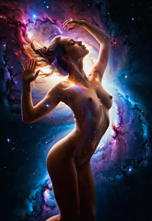 (double exposure:1.7), A full-length beautiful nude woman in a dynamic dance in the cosmic void, her form filled with the bright colors of stellar nebulae, ((Double exposure technique fills the girl's body with the beauty of the universe)), Bright, glowing colors of nebulae, red, blue and purple hues, twinkling stars, smooth skin, calm expression, atmospheric details, vivid colors, dreamy atmosphere, detailed textures, High detail, 8K, masterpiece, photorealistic, rendered in Octane, Double, Exposure, style, of, <lora:Double_Exposure_5:1.4>