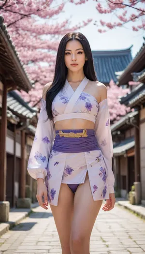 Nico Robin from one piece, with long black hair, fair skin, on wano country street, Surrounded by Japanese traditional style architectural buildings, sakura trees, bright sun lighting, striking facein photo 8k, photos taken by hasselblad + incredibly detailed, sharpen, details + professional lighting, photography lighting + 50mm, 80mm, 100m + lightroom gallery + behance photographies + unsplash
