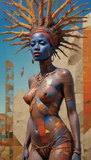 (Bright vivid colors:1.6), Avant-garde painting of nude Senegal princess leaning to the tree, fractured geometric face, crown of deconstructed fishing nets, golden tooth amulets, body composed from Dakar city map fragments, traditional ndorr patterns reimagined, indigo batik blues color palette, searing terracotta reds, solarized gold leafs, collage of sand, recycled metal, plastic digital glitches, visible brushstrokes, giant baobab tree with roots on background, Afrofuturist manifesto meets Soviet constructivism, revolutionary aesthetics, x-ray, deconstructed, abstract, surreal, mixed, media, outsider-art, avant-garde, punk, style, (gu, zhang, feng\), ral-vbrntacyl, <lora:751939_training_data:1.3>, <lora:DeconDada++:.8>, <lora:ral-vbrntacyl-sdxl:.8>