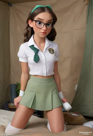 Beautiful girl with glasses stroking a big dick, cute innocent face, 19 yo, very skinny, very very petite. Long hair with Blue hairpiece, ((Brown hair in braids)), ((A traditional American GirlScout uniform with a short-sleeved white blouse paired with a green skirt. Over the blouse, she wears a green sash. The sash is decorated with a variety of badges and patches. A neckerchief is worn around the collar, secured with a small slide or knot, and white socks and simple shoes complete the look.)), White blouse pulled open to reveal her cute little perky tits, small, (1.5), little, with flat breasts, big boobs, literary, brown eyes, big eyes, body ordinary, ((in a camping tent with green canvas walls)), she jerks off, drooling, she looks at the camera, focus on her, face orgasm, sucking, Object, gd, erection, sex, toy, penis, large, <lora:cockteaseLoRASDXL:.4>, <lora:ahxl_v1:.5>, <lora:Penis_XL:.8>, <lora:ChrisSanderNov2023:.2>, <lora:Samaritan 3d Cartoon SDXL:.3>