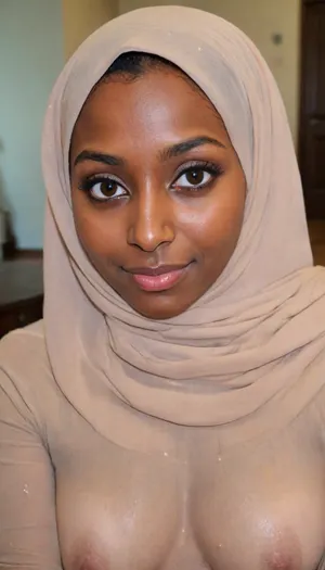 3/4 body shot of beautiful happy wearing Ebony ultra dark skin, abaya with cum on her forehead, hijab covers her hair, shy Muslim, white string top, (((The woman's face is covered with cum))), (((cumshot on tits))), ((huge tits:1.3)), (ultra dark sikn), beautiful smile, View from above, long brown hair, (((big eyes, brown wide eyes))), godpussy1, rear, hijab, scarf, jerseyseries, silkseries, parisseries, <lora:hijab-style:2>, <lora:rearpussy-xl-1.0:2>