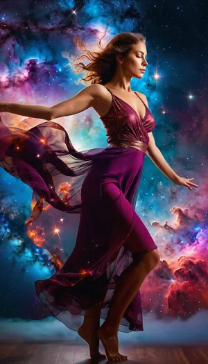 A full-length beautiful woman in a dynamic dance in the cosmic void, her form intertwined with the vibrant colors of stellar nebulae., (Double exposure technique:1.4), combines the beauty of the universe with the girl's appearance, Bright, glowing colors of nebulae, red, blue and purple hues, twinkling stars, smooth skin, calm expression, atmospheric details, vivid colors, dreamy atmosphere, detailed textures, High detail, 8K, masterpiece, photorealistic, rendered in Octane.