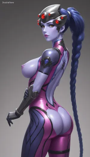 widowmaker, blue skin, solo, a very very very long thick braid, full lips, thick lips, huge chest circumference, tight red metallic high-necked long-sleeved high-rise bodysuit, ultra-high stripper platform stilettos, big hips, big ass, voluptuous, plump, curvy