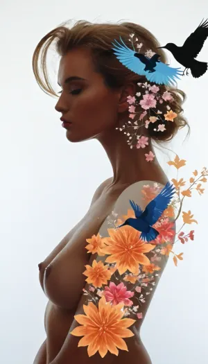 crisp white background, (2D female silhouette:1.7), (Double exposure photo:1.7), nude female silhouette on pure white background, (sexy pose), colorful birds and flowers inside female contour, white background, modern graphic design, dvr-wwyt, double, exposure, source_anime, 80s anime style, <lora:dvr-wwyt:2>, <lora:SDXL_double_exposure_Sa_May_V8:2>, <lora:NEOTOKIOXL_0.2_RC:.8>