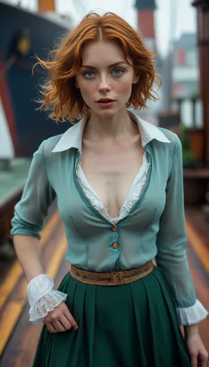 beautiful sexy quite thin ginger hair woman, fog, no makeup, big green eyes, deck of titanic, good hands, perfect fingers, silk bra, short hair, hairy pussy, unbuttoned shirt, (lift her pleated skirt), blue coat, show pussy, show nipples, hand on nipple, lift skirt, undressing, lifting skirt, showing pussy, raw, Portrait, professional, color, grading, <lora:MJ52:2>, <lora:208210_training_data:2>