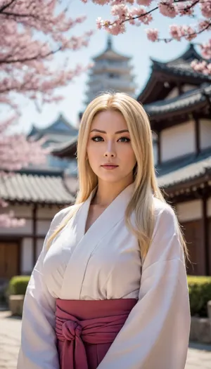 50-year-old tsunade from Naruto, with long blonde hair, fair skin, gigantic rounded tits, on Konoha country street, Surrounded by Japanese traditional style architectural buildings, sakura trees, bright sun lighting, striking facein photo 8k, photos taken by hasselblad + incredibly detailed, sharpen, details + professional lighting, photography lighting + 50mm, 80mm, 100m + lightroom gallery + behance photographies + unsplash