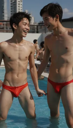 Slim slender sexy japanese twink, cute asian male twink, submissive male, boy, guy, man, male chest, submissive and breedable, rooftop pool party, twink pool party, three twinks playing together in a pool, wearing speedos, splashing, playing in the pool together, splashing each other, laughing, pulling down their speedo, flashing cock. Penis visible