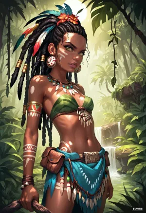 A 25-year-old tribal woman, her body slim and feminine, Small breast, breast exposed, standing in a lush prehistoric jungle. She has long dark dreadlocks with feathers and beads, wearing clothing made entirely from natural materials like woven fibers, animal hide, and leaves, adorned with tribal patterns. Her expression is wise yet determined, with a calm and protective demeanor. She carries a primitive bow and a small pouch at her waist. Her skin is sun-kissed, The background shows towering trees, mist. The lighting is warm and golden, giving a cinematic, slightly poetic atmosphere. Highly detailed, realistic, concept art style, 8k resolution.