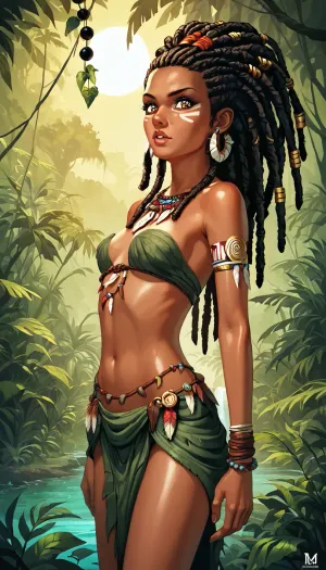 A 25-year-old tribal woman, her body slim and feminine, Small breast, breast exposed, standing in a lush prehistoric jungle. She has long dark dreadlocks with feathers and beads, wearing clothing made entirely from natural materials like woven fibers, animal hide, and leaves, adorned with tribal patterns. Her expression is wise yet determined, with a calm and protective demeanor. She carries a primitive bow and a small pouch at her waist. Her skin is sun-kissed, The background shows towering trees, mist. The lighting is warm and golden, giving a cinematic, slightly poetic atmosphere. Highly detailed, realistic, concept art style, 8k resolution., concept, art, by, syd, mead, retro, futuristic, flat, colors, <lora:concept_art_syd_mead:1>