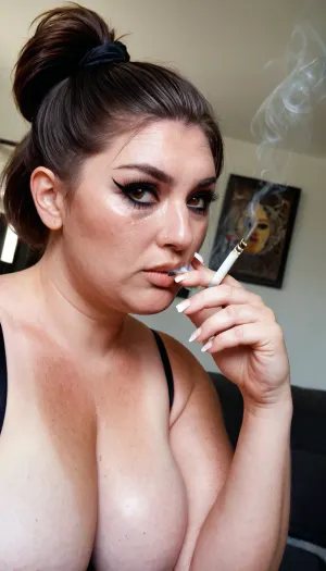 Close-up portrait, realistic sun-aged freckled skin, high tan mark, Brown eyes, looking at viewer, ultra high res, highly detailed, chubby obese wrinkly 40yo trashy 90s-goth milf, (smoking a cigarette:1.3), ponytail, runny mascara and eyeliner, <lora:315758_training_data:1.5>, smokinglora, <lora:smoking_v2:.5>