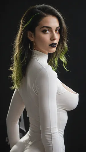 (Indian), hottie, (orange eyes), long ringlet hairstyle, (black ombre hair), lime-green highlights, ((black lipstick)), goofy expression, thick nipples, large tits, (black background), rear view, lips parted, jade jewelry, (white neoprene wetsuit), cleavage, standing, from ground