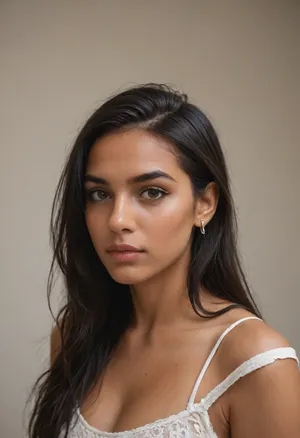 Indian woman, (sleek straight cut hair:1.2), (shoulderlong hair), (black hair), hooked nose, plucked eyebrows, dark complexion