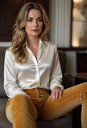 1 swiss 35yo woman, criminal police officer, film charakter Annette Brotz, (she wears a white satin shirt blouse and mustard velvet jeans:1.4), sits indoors in a hotel room, (longer dyed dark blonde wavy hair:1.2), grey eyes, pointed nose and chin, necklace with police ID, medium natural tits, <lora:681678_training_data:.5>, <lora:SDXLHighDetail_v6-000005:.5>, <lora:style_lora_realis:.5>