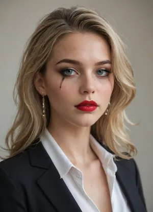 sexy secretary, blonde, red lips, smokey eyes, heavy makeup