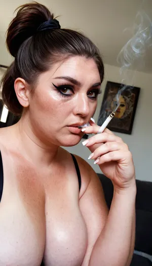 Close-up portrait, realistic sun-aged freckled skin, high tan mark, Brown eyes, looking at viewer, ultra high res, highly detailed, chubby obese wrinkly 40yo trashy 90s-goth milf, (smoking a cigarette:1.3), ponytail, runny mascara and eyeliner, <lora:315758_training_data:1.5>, smokinglora, <lora:smoking_v2:.5>