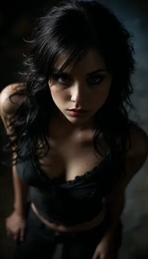 petite student, (Dynamic angle:1.5), (View from above:1.5), Sex, Erotica, ripped revealing clothes, goth, Small tits, full body view, 35 years old, very long black curvy hair, perfect face, dark brown eyes, cute, closeup, petite body, smokey eyes, full body photo, beautiful face, fluxenh4nce, <lora:MJ52:.3>, <lora:FLUXEnh4nce:.8>, <lora:dark:.4>