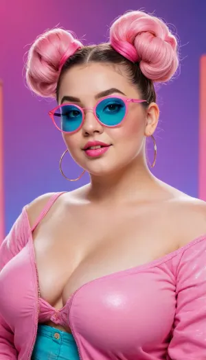 photorealistic, A vibrant, colorful realistic skin chubby woman with a trendy soft hairstyle, (e.g., space buns with dyed tips), She's playfully, shyly smiling and pointing directly at the viewer, with a cheeky, rebellious attitude. Her outfit is ultra-stylish — think Y2K streetwear with bold colors, layered accessories, oversized sunglasses on her head, glossy lips, and nail art. The background is a dreamy pastel gradient with sparkles and neon shapes. She radiates Gen Z energy, confidence, and fun. High detail, soft lighting, Background is japan metro, plump, skindentation, chubby, bbw, venus, body, big, breasts, ass, <lora:Chubby BBW - XL:1.8>