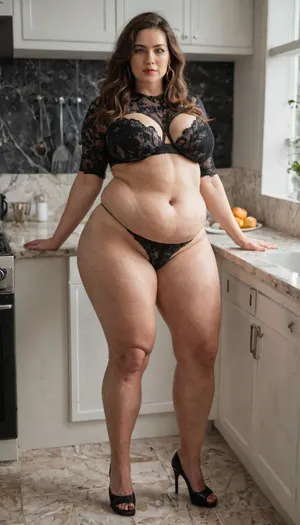 ssbbw, brunette, very long hair, makeup, tall, beautiful milf, step mother, huge ass, wide hips, (belly pooch:1.7), mommy tummy, dark belly button, huge tits, cellulite, black lingerie, sexy heels, thick, very big ass, standing in kitchen, full body, spread legs, (side view), show ass, real, real view, (realistic:1.5), details, (wide pelvis bones:1.3), (wide thighs:1.2)