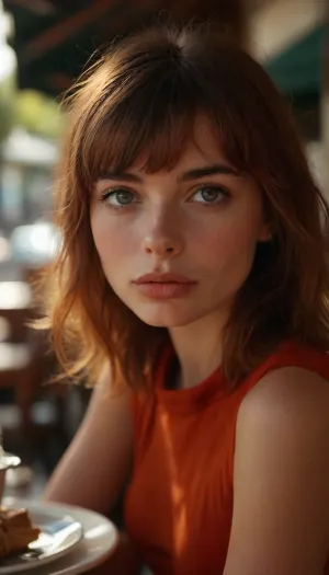 ziprealism, (avant-garde snapshot esthetic), (adorable French woman, lunch at iconic outdoor cafe:1.6), (elegance, refined, confident), (f/2.8, shallow depth of field, creamy bokeh, tight head shot extreme face closeup, layered composition with subtle foreground, strong shadowy vignette, focus on eyes), (vibrant auburn hair, long wispy bangs, pageboy hair cut:1.4), (catchlights, sharp contrasting limbal rings, large expressive eyes, stunning eyes, perfect eyes, slightly downturned eyes, long delicate eyelashes), (full lips, soft lips, moist lips, metallic white waterline), (porcelain skin), igbaddie, <lora:MJ52:.6>, <lora:igbaddie-XL:.4>