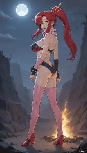 Sorce_anime, score_9, score_8_up, score_7_up, score_6_up, Yoko Littner, (gurren laggan), standing in sexy pose, ass back, side view, laughing, huge round breasts, fit body, fallout desert, huge Mecha on background, bonfire, night, moon, Anime, painted illustration, made in adobe illustrator, no gradients, incase style, concept, art, by, syd, mead, retro, futuristic, flat colors, ratatatat74, <lora:outline_xl_kohaku_delta_spv5x:.8>, <lora:ratatatat74-000050:.8>, <lora:cartoon_stickers_xl_v1:.8>, <lora:NEOTOKIOXL_0.2_RC:.8>
