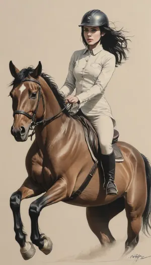 (A detailed pencil drawing with clean lines and meticulous shading, sketch of a nude woman with blue eyes and black hair riding on a horse, realistic anatomy, horse jump mid-motion shot, sharp lines), woman's face close-up, focus on face, wearing equestrian helmet, supermodel face, big lips, handslora, soft features, and a serene expression, drawing have delicate shading and intricate details, capturing the essence of the subject with fine pencil strokes, background is simple, allowing the focus to remain on the portrait itself, drawing by NTY, v0ng44g, sk3tch, .8>, <lora:sketch_it:1.3>, <lora:outline_xl_kohaku_delta_spv5x:.8>