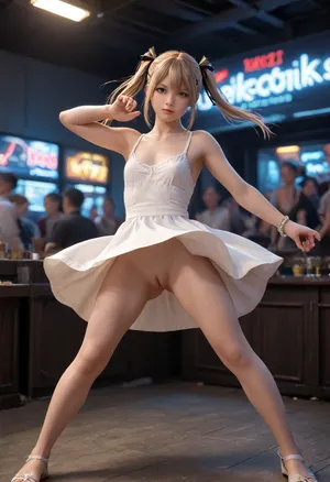 Marie Rose from Dead or Alive lewdly dancing on stage in cyberpunk bar, short white sundress, no bra, no panties, revealing pussy, dynamic pose, action pose, neon lights, smoky atmosphere