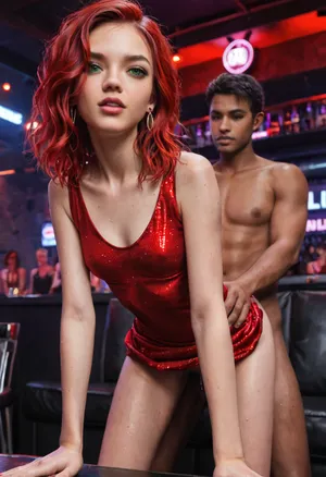 Photorealistic shot of the main dance floor of a dark crowded nightclub with a skinny 18 year old girl getting fucked from behind by a fully dressed man. The girl has messy, sweaty shoulder length red hair, green eyes and is stunningly attractive with a look of ecstasy on her face. She is wearing a short sparkly red dress, lifted at the back to allow access to her pussy. She is sweating a lot and has cum running down both legs and a crowd of dressed men round her., (skinny:1.4), (dark nightclub:1.2), (standing doggy sex:1.4), (green eyes:1.2), (red hair:1.4)