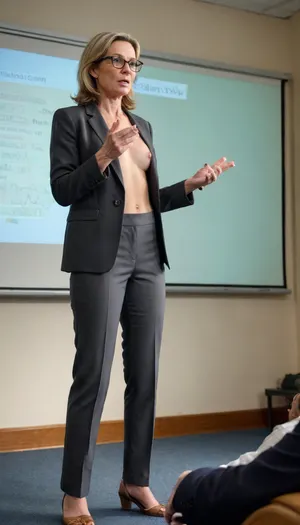 (MATURE MILF), skinny, female university professor explaining economics during a power-point presentation, Closed buttoned Stylish jacket revealing naked skin under the jacket, lecture, students, view from afar, Stylish trousers, naked belly under the jacket