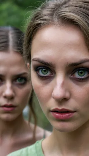 two zombies, waking the streets, thick black eyelashes, green eyes, dirty hair
