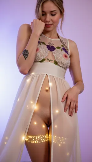 Dreamy, surreal, (double exposure:1.3), full-bodied tender girl in a silk dress with flowers, which turns into a portal, inside, (a sunny meadow carpet with glowing clover and lights swirling like stardust:1.2), modestly lowered eyes, (with long eyelashes casting shadows), a quiet smile, hands softly bent at the waist, (revealing an icy wrist with an invisible tattoo), (intriguing embroidery of grapes crawling up the sleeves to the elbows:1.1), transparent layers of the dress emphasizing the soft contours of her hips and bare cheeks, blush on her cheeks with small circles, soft golden-silver lighting enveloping her, (like a cloud), isolated on a lavender-pink gradient, (fading to white in the corners), high detail, skin with a meadow glow, waves of hair with captured lights, cinematic the backlighting that makes her silhouette look like a halo, the quiet eroticism in the way the dress clings to her hips and the way she modestly hides her face but can't hide her magnetism., bo-exposure, <lora:boFLUX Double Exposure Magic v2:.8>