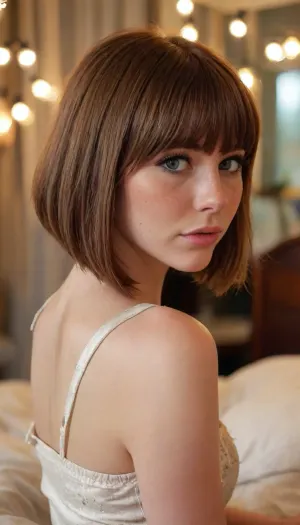 ziprealism, (romantic intimacy esthetic), (adorable woman, charming girlfriend, soft smile, warm loving gaze, sitting on a big comfy bed, in a cozy modern bedroom:1.2), (f/2.8, shallow depth of field, creamy bokeh, extreme face closeup shot, tight headshot, layered composition with subtle foreground, strong shadowy vignette, focus on eyes:1.4), (rich auburn hair, blunt bangs hair, voluminous hair, inverted Bob hair cut, A-line Bob hair cut, short hair, straight hair, hair framing face:1.8), (catchlights, sharp contrasting limbal rings, large expressive eyes, stunning eyes, perfect eyes, slightly downturned eyes, long delicate eyelashes), (soft facial features, subtle freckles:1.4), igbaddie, <lora:igbaddie-XL:.8>, <lora:MJ52:.8>