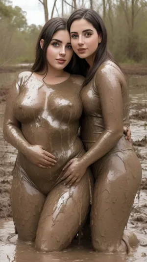 0308 there is a young cute woman and young obese woman hugging each other in a swamp, casal feliz, imagem de perfil, Lovely couple, momma and papa, Foto do perfil, retrato de casais, muito definido, retrato de casal, imagem de boa qualidade, real live couples. mud filed, they completely covered with mud, mud, <lora:dirty_mud_v0.4:1.1>