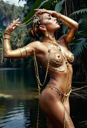 Nude woman in jungle lake, side view, (many piercings, chains, golden chains, jewelry and gems, facial paint:1.2), (body paint:1.4), dancing, balet pose, arms rased to the sky, flat colors, cinematic lightning, Jibaro1024, <lora:Jibaro1024:2>