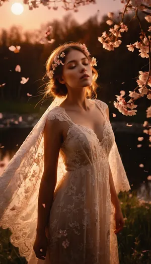 full-length photograph, (double exposure:1.5), Dreamy, ethereal, delicate girl standing slightly inclined, wearing a lace blanket that turns into a portal. inside the portal, (a meadow with flying sakura petals and a pond reflecting the moon:1.1), modestly playing with the tip of the blanket, eyes half closed, warm golden-pink lighting enveloping her, (like a hug), isolated on a cream background with soft edges, (fading to pink), high detail, lace with daisies and ivy, skin with barely noticeable veins on the arms, sakura petals in the hair, cinematic frontal lighting with soft shadows, eroticism, sexuality, arouses desire. Award-winning photo, photo of the year, <lora:luxart:.8>