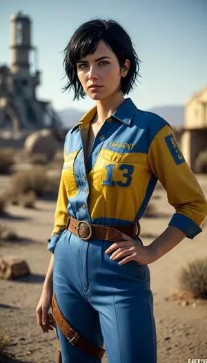 short black hair, Fallout game universe, in post nuclear desert, woman short unbuttoned blue work jumpsuit, number 13 in yellow letters on the back, leather belt, combat boots, raw, <lora:MJ52:.8>, Portrait, professional, color, grading, <lora:208210_training_data:.8>
