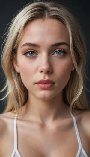 A plump and curvy woman with round face with smooth, flawless skin, photographed against a completely black studio background. Blonde hair. Extremely thick, opaque, light blue metallic paint—highly viscous and glossy, yet not see-through—flows slowly from her hair, across her face, and onto her body. The paint adheres in rich, thick layers to her skin, eyebrows, and eyelashes, forming dramatic, sculptural drops on her forehead, eyes, lips, and curvaceous torso. Cool-toned, directional studio light from above creates intense highlights on the glossy surface of the paint, emphasizing its texture and volume. Shot with a 100mm macro lens at f/2.8, close-up from a 30-degree tilt, shallow depth of field, and a deep black background. Hyperrealistic photographic style, vibrant, saturated colors, and a bold, artistic atmosphere. Ultra-high resolution 8K
