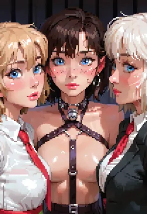 18 year old girls, realistic faces, beautiful faces, highly detailed, extremely detailed skin, freckles, image taken from above, amateur, two girls, one girl is 6 inches taller than other girl, girls surprised, girls caught having sex, holding hands, (babysitter:1.3), (girl's hand down other girl's panties:1), girl holding other girl's leash, one girl looking at viewer, one girl eyes rolling, big perky breasts, breasts touching, shibari, rope, tape, bondage, (backs of calves:1), leashes around neck, goth, alternative, emo, gamer girl, armpits, submissive, big eyes, cum dripping down face onto tits, girls are less than 4' tall, petite, tiny, size 00 waist, slim thick, sexy thick legs, perfect ass, round ass, short blonde hair, loemba, blueche, (with, blushing, cheeks:1), covche, covering, her, cheek, with, right, hand, covmou, mouth, looking, embarrassed, a, woman, in, linger, and, stockings, wrapped, straps, harnesses, garters, kaki, body, suit, harness, risque, fashion, bbhollyy, sh!fty, 1girl, black, hair, long, large, breasts, glasses, brown, eyes, lips, bell, bellapoarch, (incase style), pixel, art, <lora:ratatatat74-000050:1.3>, <lora:outline_xl_kohaku_delta_spv5x:1.8>, <lora:cartoon_stickers_xl_v1:.6>, <lora:NEOTOKIOXL_0.2_RC:.4>, <lora:pixel_stormXL:.3>