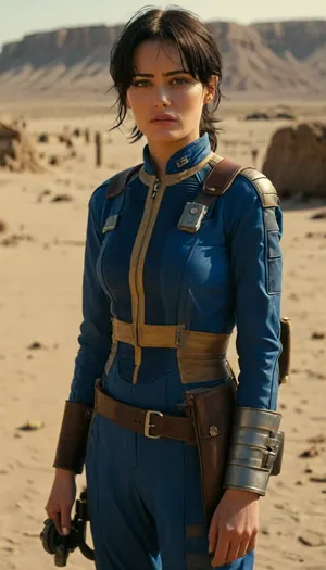 short black hair, in post nuclear desert, woman short unbuttoned nylon fully blue work jumpsuit, leather shoulder pads, 13 yellow number on the back, leather belt, combat boots, ((show nipples)), raw, Portrait, professional, color, grading, <lora:MJ52:2>, <lora:208210_training_data:2>, Lucy, <lora:Lucy:.8>, FalloutCinematic, <lora:FalloutCinematic:.8>, wearing, a, Vault, Suit, with, Leather, Armor, and, PipBoy, on, her, wrist, his, <lora:312968_training_data:.8>