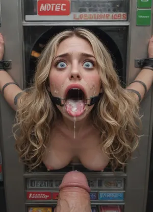 (40 years adult), (woman is stuck with her hips in a round hole with metal rim in a vending machine), (her bust is protruding from a round hole in the front of the vending machine:1.5), (stuck in hole with metal rim:1.3), (vending machine at night, slot for payment), (wide mouth spreader ring gag, gaping mouth:1.5), (leaning forward), (embarrassed, ashamed), (pleading expression:1.2), (terrified:1.6), (crying), (fear and panic:1.2), (box is low mounted, close to floor), (score_9, score_8_up, score_7_up, UHD 8K, masterpiece, best quality, maximum details, natural light, extreme realism, cinematic still), (huge penis:1.4), (she stares at erect penis in front of her face:1.3), (POV from above, she is looking up to viewer, submissive), (POV man standing and looking down, man stroking his big dick:1.1), (arms restrained to wall), (her arms left and right flat against the wall, multiple iron rings fixing her stretched arms against the wall:1.5), (POV standing man, looking down on her:1.2), (mouth wide open), (dirty blonde Swedish woman, freckles, tanned), (tan lines), (iron rings restrain her arms to vending machine), (her arms are spread eagle against vending machine:1.8), (arms restrained with iron rings:1.8), (free-standing vending machine), (her face is covered in cum:1.6), (cum in er mouth:1.1), (bukkake, facial:1.3), (freckles, skin impurities), (transparent liquid:1.2), (realistic cum), (wet face:1.2), (oily skin:1.5), (stuck with hips in a round hole with metal rim:1.6), (long blonde hair, elegantly styled hair, long wavy hair:1.5), (eyes wide open in horror:1.3), (her mouth serves only one purpose), (she's got a new job, she's a public cum dumpster), (pink glossy lips:1.3), (shocking pink lips, pink lipstick:1.5), (eerie lighting:1.3), (smeared lipstick:1.3), (shocking pink bandana)