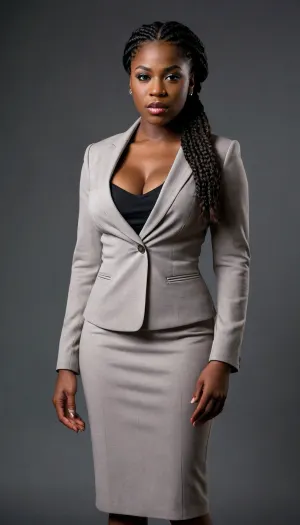 Full body view of a Very tall extremely dark black skin 30 year old african american woman with thick braided hair and enormously large breasts angry expression with thick plump lips dressed in sexy business attire
