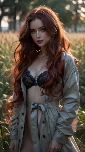 Ultra realiatic super higj 32k quality, moody instagram photo, lower body photo of 28 years old woman, from below, outside in a field, dressed in long raincoat, teasing nudity, long wavy flowing fiery red hair, beautiful eyes, color gradient, bright tips of hair, sun-kissed skin, happy, coquettish smile, hard shadows, dark, nighttime, overexposed filter, silhouetted against the bright light, finely articulated, crisp definition, 35mm photograph, hair bra, hair covering nipples