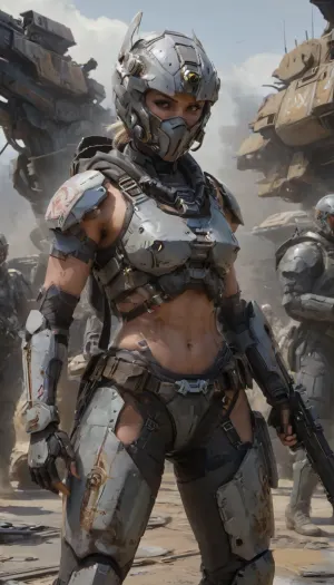 37 year old and Chimera Infantry Fighting Vehicle, skin tanned, athletic body, lots of freckles on her face and skin, very hard blush and nose, small breasts, a sexy muscular, beautiful, tanned, with a perfect face, detailed face, (detailed hair, light hairstyle:1.1), (shiny body, realistic sweat:1.1), muscular, athletic, clean and textured skin, perfect body, goosebumps, detailed, slim, thin waist, futuristic uniform Troopers, mask, combat harnesses, combat belt, bare thigh, leg guard, elbow guard, gauntlet, gray hoodies, armor, shorts, crop top, helm, hood, neotech, glowing, scifi, white, black winter heavy armor, incredibly detailed photo sunbeam, sunrise, hard, ((blushing)), lots of details, three-dimensional, epic, sharp focus, toned, full view, 70mm lens, aesthetic, symmetrical ., woman, tanktop, camouflage grey, light armor, pants, full face helmet, short, hair, equipment, Cyber Rifle, ((Chimera Infantry Fighting Vehiclea)), tribal tattoo, wkas, Tatooine, chmraifv, <lora:Mecha_Ggorgeous_Armor-000011:2>, <lora:lasgunXLLoRAv1:2>, <lora:wkas:.4>, <lora:Tatooine:2>, <lora:473161_training_data:2>