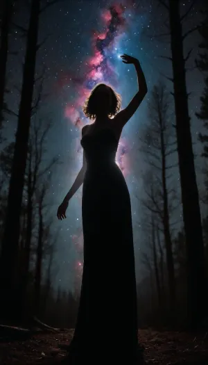 Nebula-being shaped like woman, star clusters forming her silhouette, holding dying stellar blossom, (collapsing nebula), . Black hole "forest" with gravitational lensing effects, accretion disk lighting
