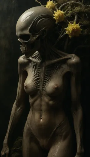 Rating_explicit, nudity, NSFW, Masterpiece, nude alien biomechanical female, holding rotten corpse of gray worm with flower like head in her hands, thorny vines instead of limbs, fungal growths on joints, flesh-forest biome, pulsating meat-trees with vein-like lianas, mucous-covered ground emitting vapor, parasitic flowers sucking spinal fluid from calcified corpses, dark enviroment, dim phosphorescent light, luminescent rotting pods, dense fog, high humidity with slime droplets, decaying colors, (ochre/moss/yellow palette), H.R. Giger meets Zdzisław Beksiński style, macro photography realism, subsurface scattering on slime, cinematic depth, 8K detail, cinematic lightning, 8K resolution, detailed face, hrggr, style, of, H., R., Giger, <lora:tbh295-sdxl:.8>