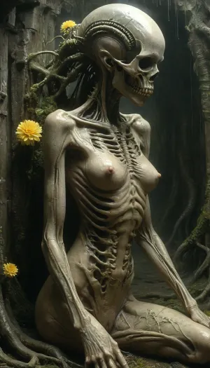 Rating_explicit, nudity, NSFW, Masterpiece, nude biomechanical female and worm mix, she holding rotten corpse of gray worm with flower like head in her clawed hands, thorny vines instead of limbs, fungal growths on joints, flesh-forest biome, pulsating meat-trees with vein-like lianas, mucous-covered ground emitting vapor, parasitic flowers sucking spinal fluid from calcified corpses, dark enviroment, dim phosphorescent light, luminescent rotting pods, dense fog, high humidity with slime droplets, decaying colors, (ochre/moss/yellow palette), H.R. Giger meets Zdzisław Beksiński style, macro photography realism, subsurface scattering on slime, cinematic depth, 8K detail, cinematic lightning, 8K resolution, detailed face, hrggr, style, of, H., R., Giger, <lora:tbh295-sdxl:.8>