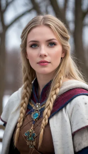 A fiercely proud Nordic girl stands, her presence exuding unwavering strength. Her blonde braids cascade down her back, framing a face marked by determination and resilience. This stunning portrait captures her piercing blue eyes, reflecting the icy landscapes of her homeland. The intricate details of her embroidered Viking armor and fur-lined cloak speak of her warrior spirit. This high-quality painting seamlessly combines power and grace, drawing the viewer into the captivating story of a fierce Nordic warrior princess. body manipulations, divine proportion, non-douche smile, gaze into the camera, holographic shimmer, whimsical lighting, enchanted ambiance, soft textures, imaginative artwork, ethereal glow, silent Luminescence, whispering Silent, iridescent Encounter, vibrant background, full body, (((rule of thirds))), high quality, high detail, high resolution, (bokeh:2), backlight, (long exposure:2)