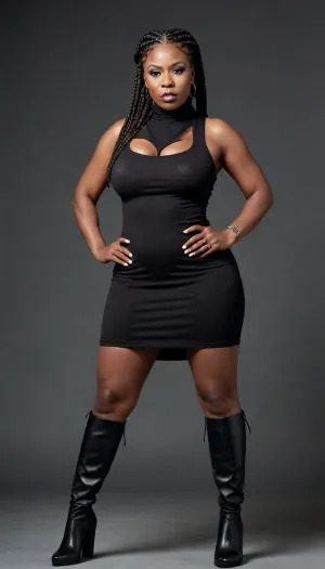 Full body view of a ln extremely dark black skin 55 year old african american woman with thick braided hair and enormously massive breasts and thick hips and legs with an angry expression and very thick plump lips wearing an extremely short sleeveless cotton turtleneck dress with a cleavage cutout and very tall thigh high boots